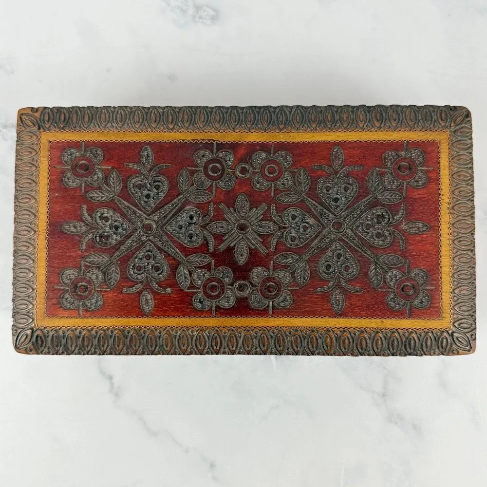 VTG Polish Carved Wooden Keepsake Box 8.5